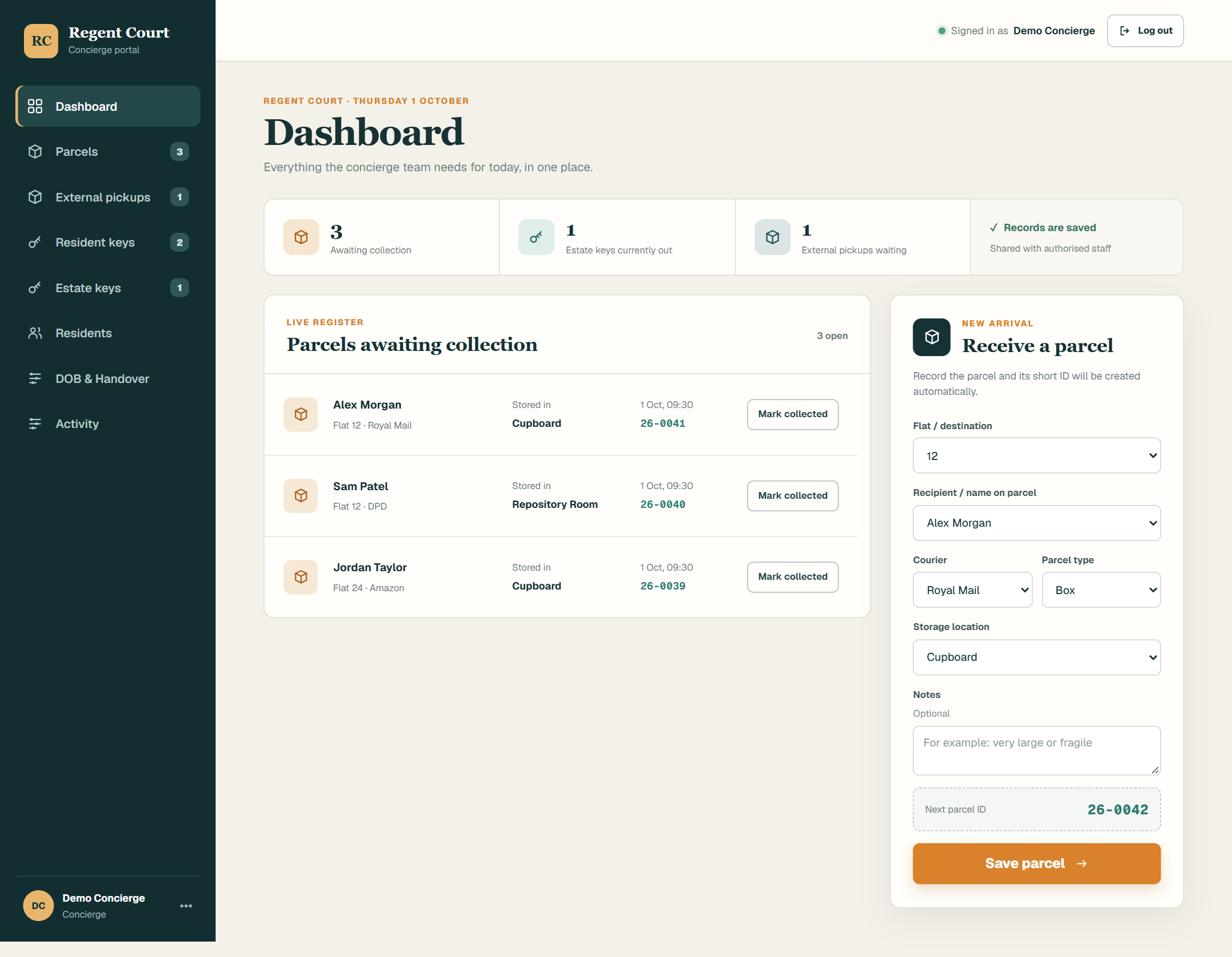 Concierge Portal demonstration dashboard showing fictional parcels, storage locations and a receive-parcel form